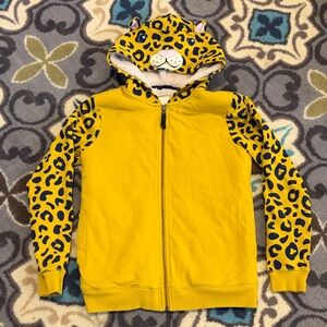 Mini Boden Yellow Leopard-Print Zip Hoodie with Animal Hood